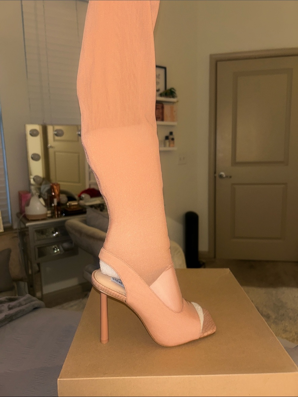 Steve Madden Peach/ Blush Open-Toe Stiletto Mesh Thigh Highs
